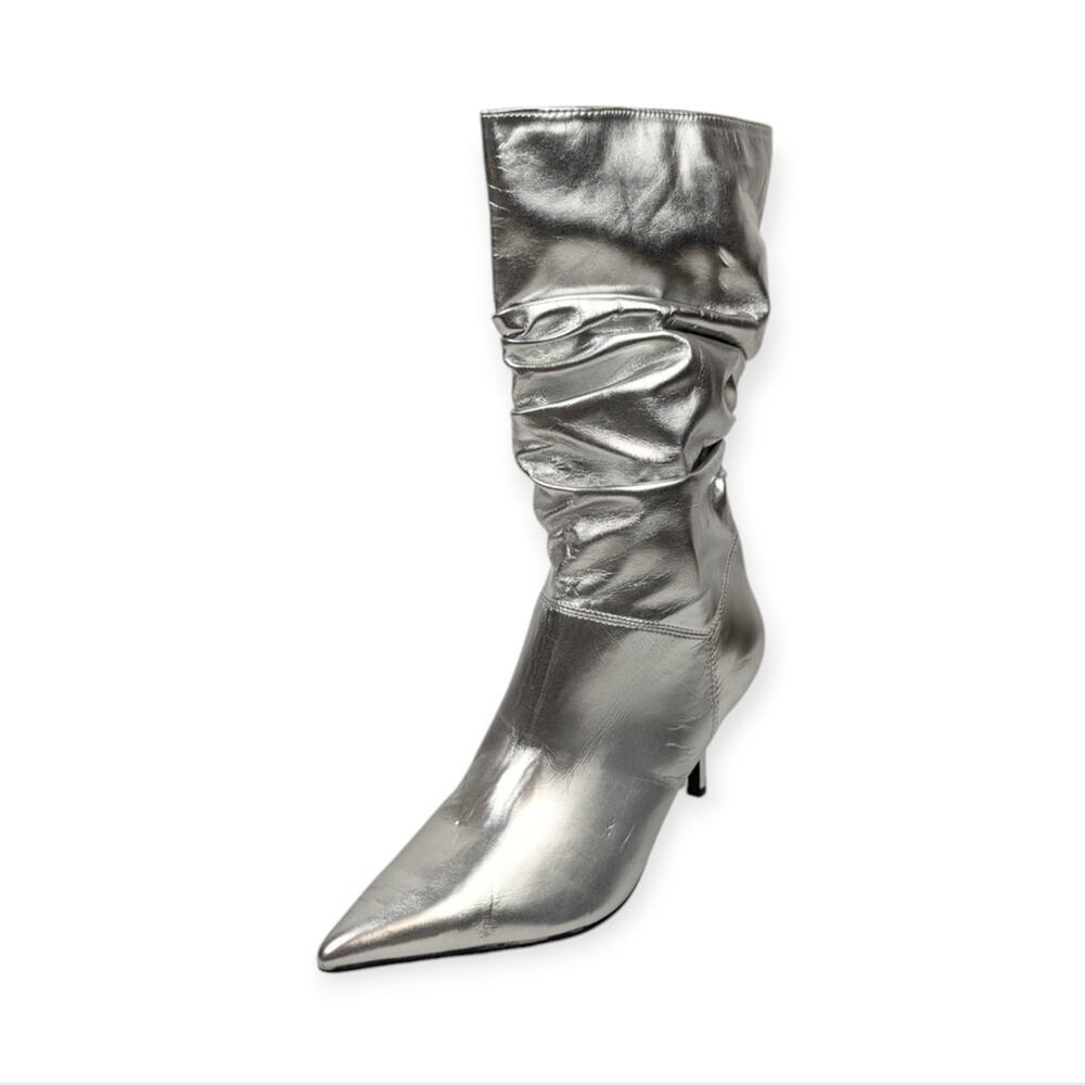 Marc Fisher Manya Boots 7.5 Silver Metallic Pointed Toe Heeled Ankle